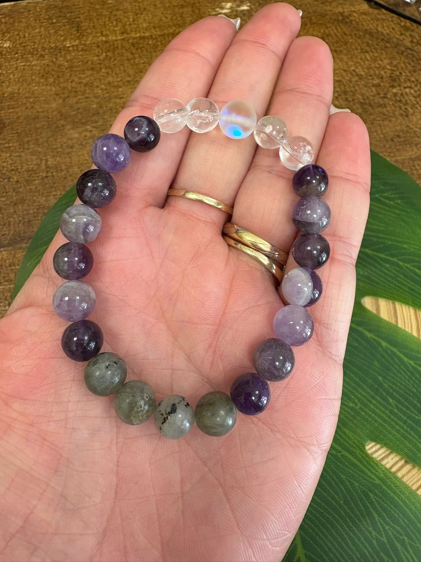 Pulsera 963 hz Aqua Aura, Cuarzo Transparente, Amatista y Labradorita