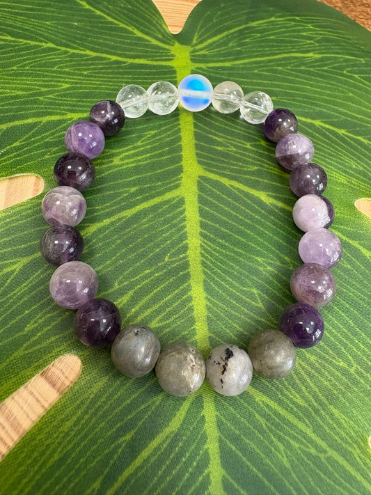 Pulsera 963 hz Aqua Aura, Cuarzo Transparente, Amatista y Labradorita