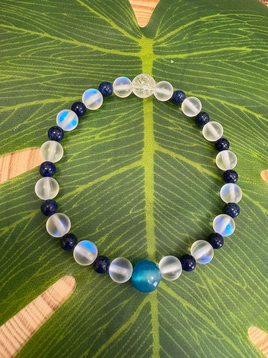 Pulsera 741 hz Cuarzo Blanco, Aqua Aura, Lapislázuli y Ágata Azul