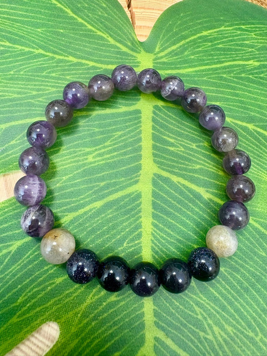 Pulsera 852 hz Amatista, Labradorita y Aventurina Azul