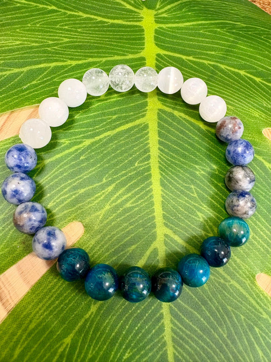Pulsera 963 hz Selenita, Cuarzo Blanco, Sodalita y Ojo de Tigre Azul