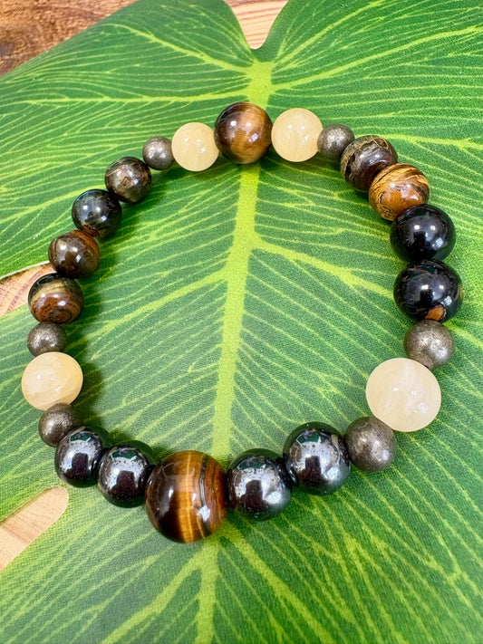 Pulsera 417 Hz Ojo de Tigre, Hematita, Pirita, Calcita Amarilla y Ojo de Halcón