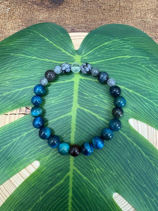 Pulsera 852 Hz Cuarzo Transparente, Obsidiana Nevada, Cuarzo Diablo, Obsidiana Plateada, Ojo de Tigre Azul y Ojo de Buey