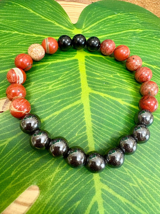 Pulsera 396 Hz Hematita, Jaspe Rojo y Turmalina Negra