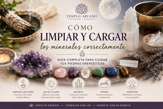 Minerales y cristales energéticos sobre superficie natural, guía de limpieza y carga