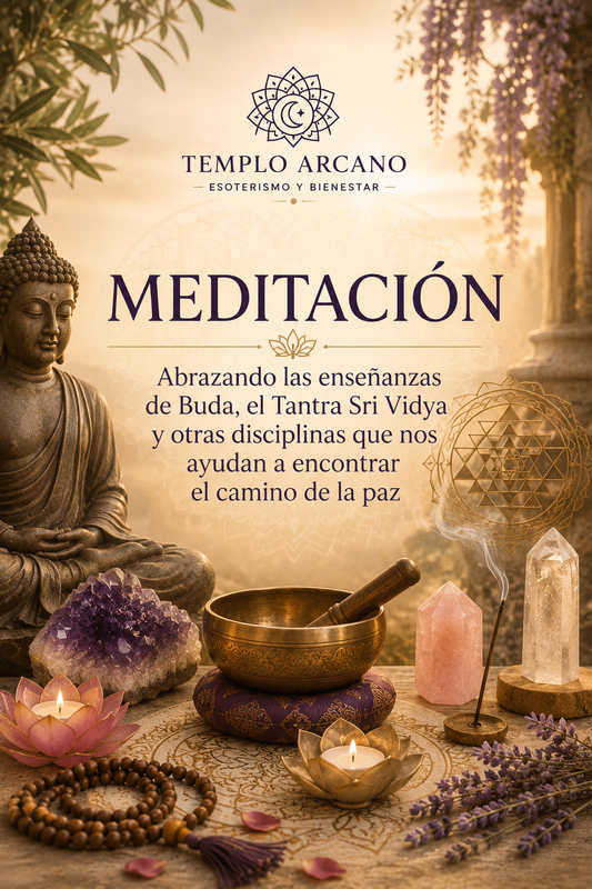 Espacio de meditación con vela, cuenco tibetano e incienso en Templo Arcano