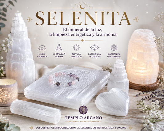 Piezas de selenita blanca nacarada: torres, placas y varitas energéticas