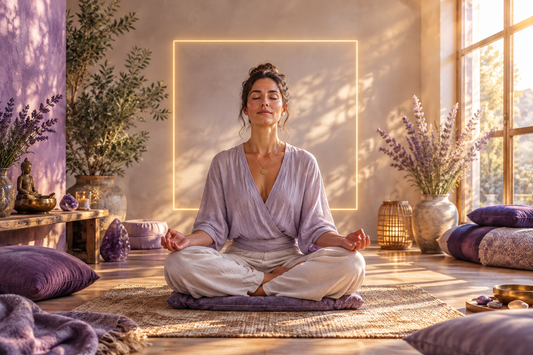 Persona meditando en un espacio luminoso con tonos lavanda y luz dorada, portada de la guía de respiración cuadrada.
