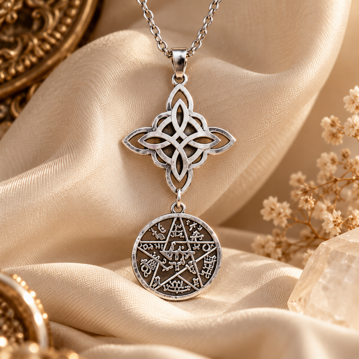 Colgante Doble Protección de Acero Inoxidable | Nudo de Bruja y Tetragramatón