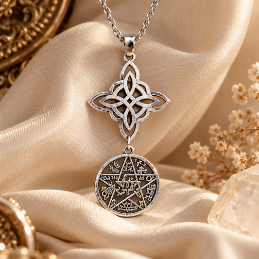 Colgante Doble Protección de Acero Inoxidable | Nudo de Bruja y Tetragramatón
