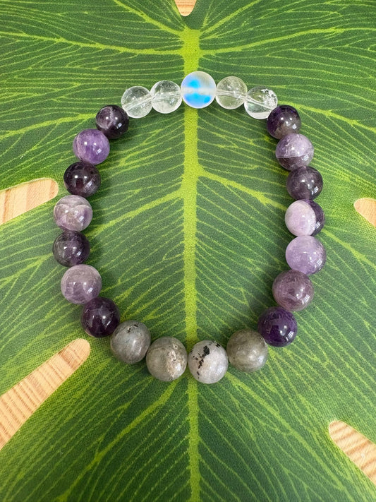 Pulsera 963 hz Aqua Aura, Cuarzo Transparente, Amatista y Labradorita