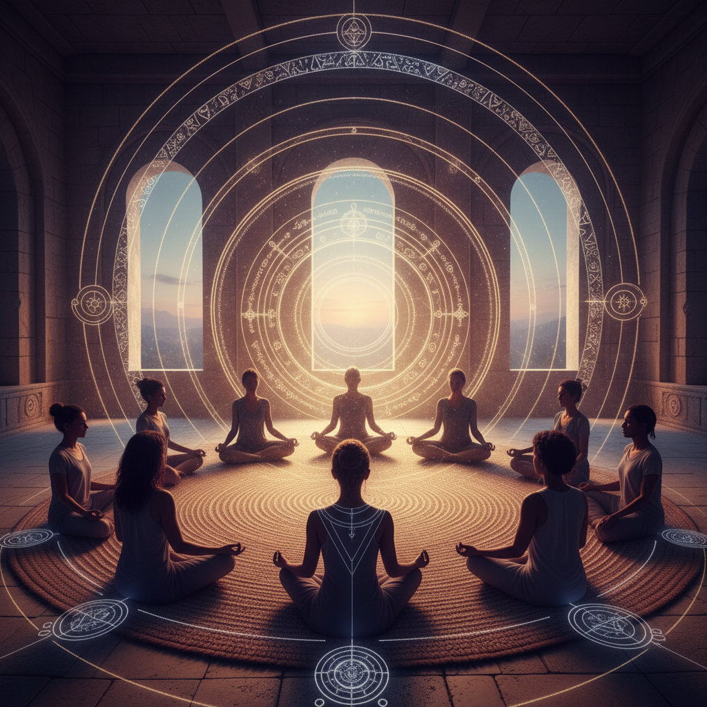 Meditación multidisciplinar en grupo reducido con luz dorada y mandalas