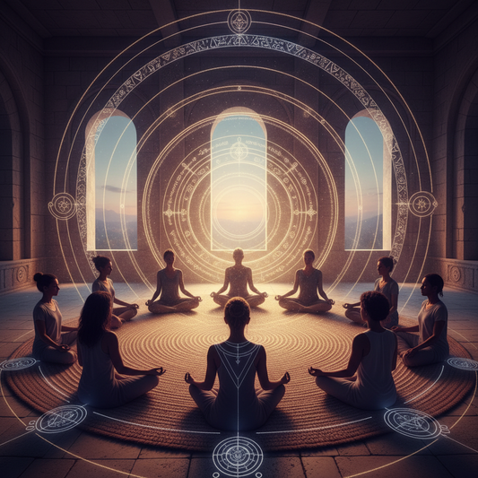Meditación multidisciplinar en grupo reducido con luz dorada y mandalas