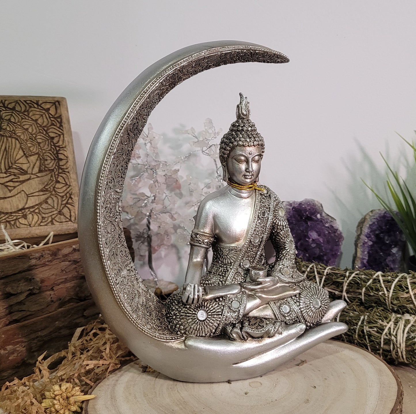 Figura Buda Luna Zen en Plata Escultura - Templo Arcano