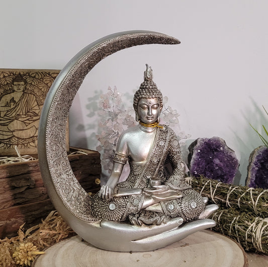 Figura Buda Luna Zen en Plata Escultura - Templo Arcano